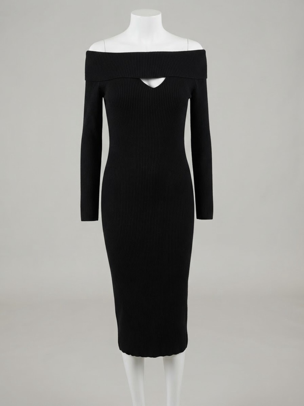 ASTR The Label XL Black Ribbed Knit Off Shoulder Cutout Bodycon Midi Dress